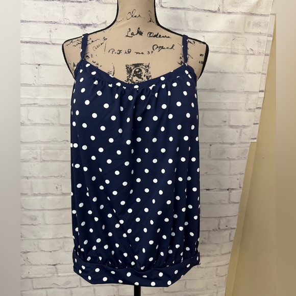 Lands' End 16L‎ Blue Polka Dot Blouson Tankini Top Swimsuit Tummy Hiding Modest - Picture 1 of 6